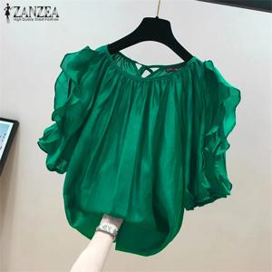 ZANZEA 여성용 콜드 오프 숄더 블라우스, 프릴 반팔 상의, 세련된 백 스트랩, 플리츠 튜닉, 여름 캐주얼 루즈 셔츠, 패션