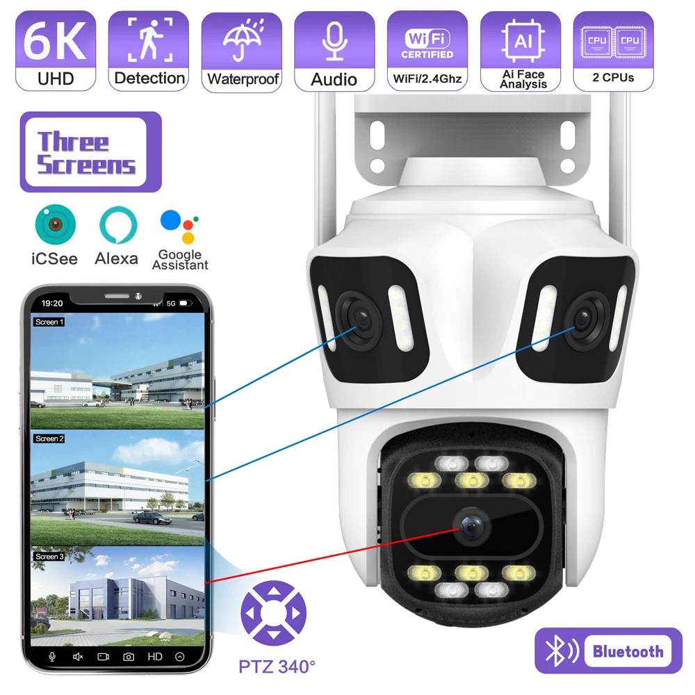 KERUI Icsee 야외 PTZ 6K WIFI IP 카메라 홈 보안 트리플 렌즈 카메라 CCTV 비디오 감시 트리플 스크린 포함