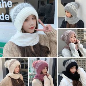 통합 귀 보호 방풍 모자 스카프 뜨개질 두꺼운 모자 겨울 비니 모자 스카프