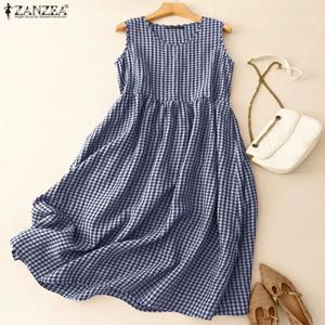 ZANZEA 여름 격자 무늬 체크 무늬 Sundress 민소매 보헤미안 홀리데이 드레스 여성 우아한 O 넥 드레스 캐주얼 헐렁한 작업 베스 티드