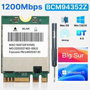 Fenvi 1200Mbps BCM94352Z WiFi 네트워크 카드 블루투스 4.0 듀얼 밴드 5G/2.4Ghz BCM94352 DW1560 Hackintosh Mac용 NGFF M.2 어댑터