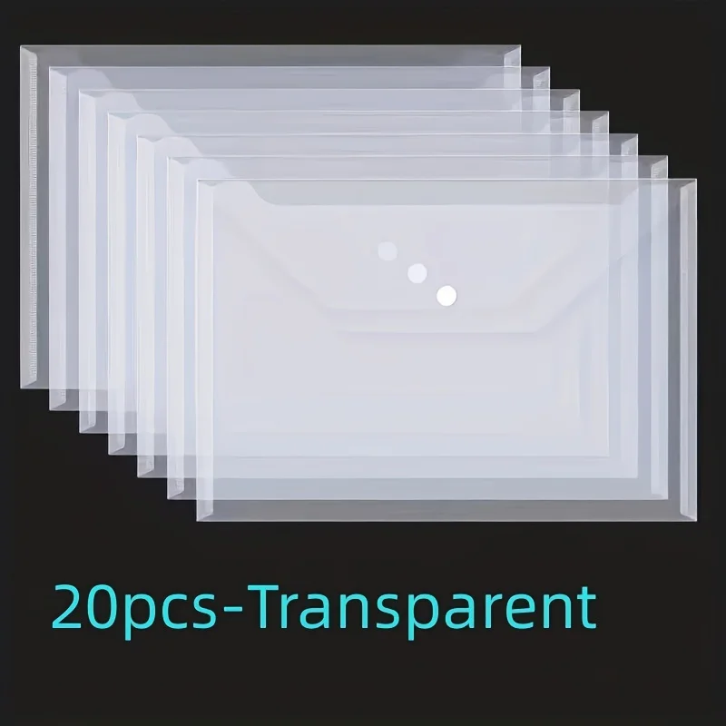 20Pcs 플라스틱 봉투 투명 방수 재사용 가능한 파일 가방 버튼 A4 크기 학생 정보 저장 폴더 New