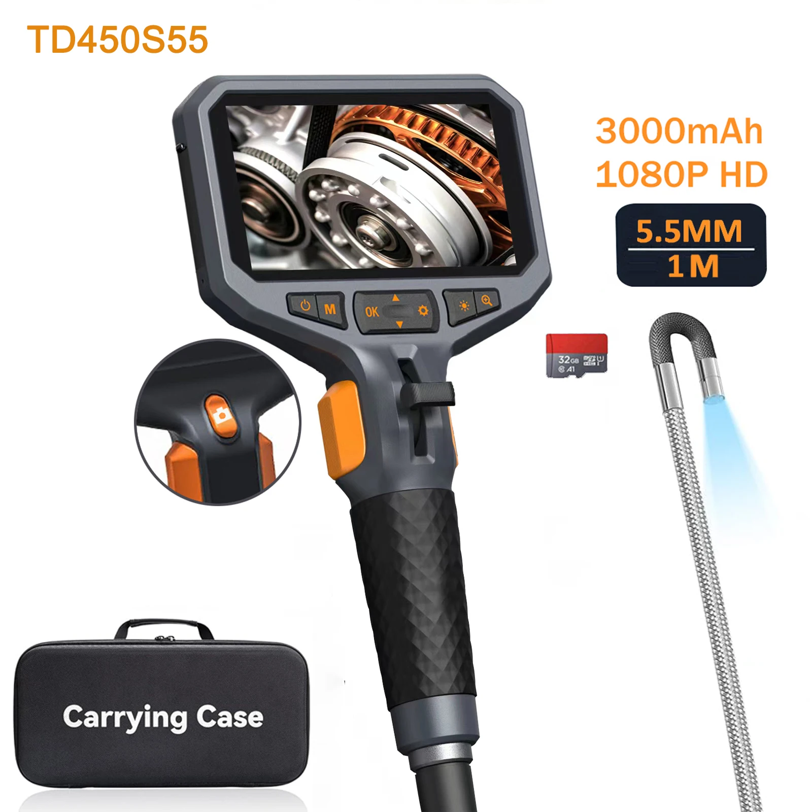 TESLONG TD450S 4.5인치 스크린 관절형 내시경 1080P 양방향 360도 °   32GB TF 카드가 장착된 스티어링 내시경 카메라