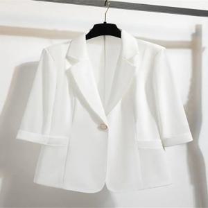 우아한 여름 신상 화이트 시폰 여성 블라우스 얇은 스타일 7부 소매 숏 코트 원버튼 클로저
