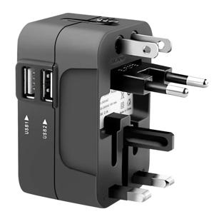 2개의 USB 충전 포트가 있는 여행용 어댑터 1개, 듀얼 USB 충전기, 세계용 올인원 범용 여행용 어댑터, 벽면 충전기