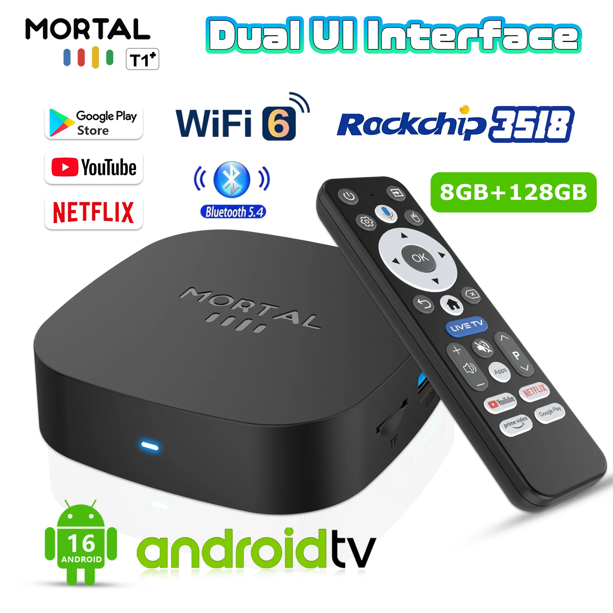 2025년 신제품 T1+ 8K HD TV 박스 안드로이드 16.0 RK3518 쿼드 코어 8GB RAM 128GB ROM 듀얼 와이파이 2.4G/5.8G 홈 시어터 미디어 플레이어
