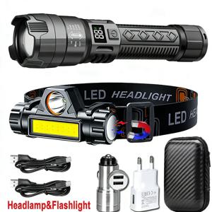 고출력 1000LM LED 손전등 내장 배터리 USB 충전식 강력한 빛 전술 토치 야외 캠핑 하이킹 랜턴