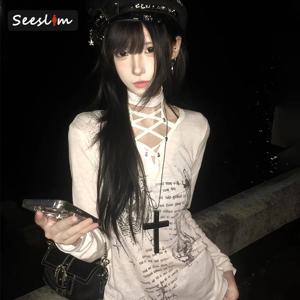 시슬림 시크 프린트 그래픽 티셔츠 여성 레이스업 젊은 감각의 2000년대 의류 Y2K 긴팔 티셔츠 여성 의류 봄 상의
