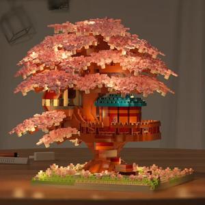 DIY 사쿠라 나무 블록 세트 DIY 벚꽃 블록 조명 포함 나무집 모델 장식품 여자친구를 위한 로맨틱 선물