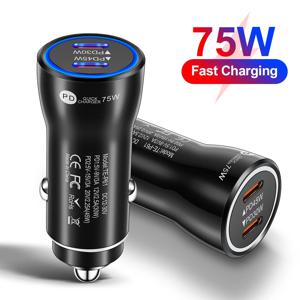 75W 2포트 USB C 차량용 충전기 PD30W PD45W 고속 충전 타입-C 차량용 플러그 라이터 어댑터 휴대폰용