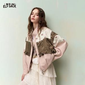 ELFSACK 여성용 패치워크 꽃무늬 프린트 재킷, 러플 크롭 봄버 스트리트웨어 오버사이즈 긴 소매 봄 캐주얼 탑