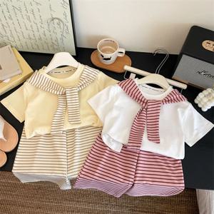 여자 정장 여름 반팔 티셔츠 줄무늬 Shawls + 바지 2Pcs 복장 어린이 캐주얼 의류 아동 패션 세트 1-12Y