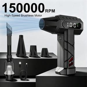 150000RPM 터보 제트 블로워 무선 에어 더스터 강력한 브러시리스 모터 진공 청소기 (5단 속도, LED 조명 포함) 자동차 키보드용