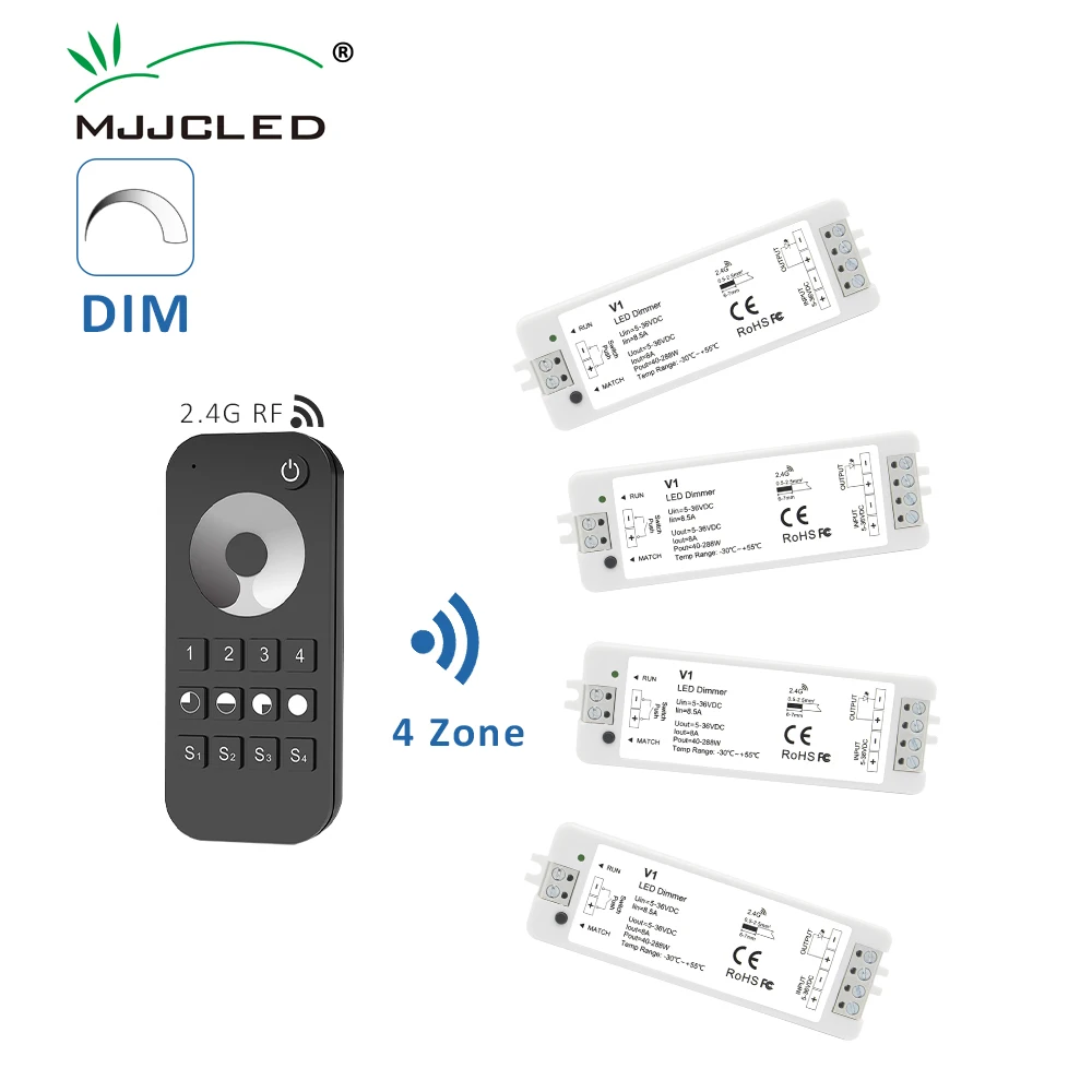 V1 LED 조광기 12V 24V 36V RT6 4 영역 단색 LED 스트립 디밍 키트 무선 2.4G RF 원격 제어 푸시 스위치 이중