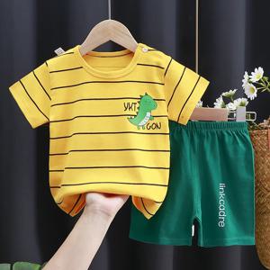 여름 캐주얼 베이비 세트 공룡 스타일 스트라이프 티셔츠 + 반바지 2Pcs 소년 소녀를위한 옷 부드러운 코튼 유아 복장