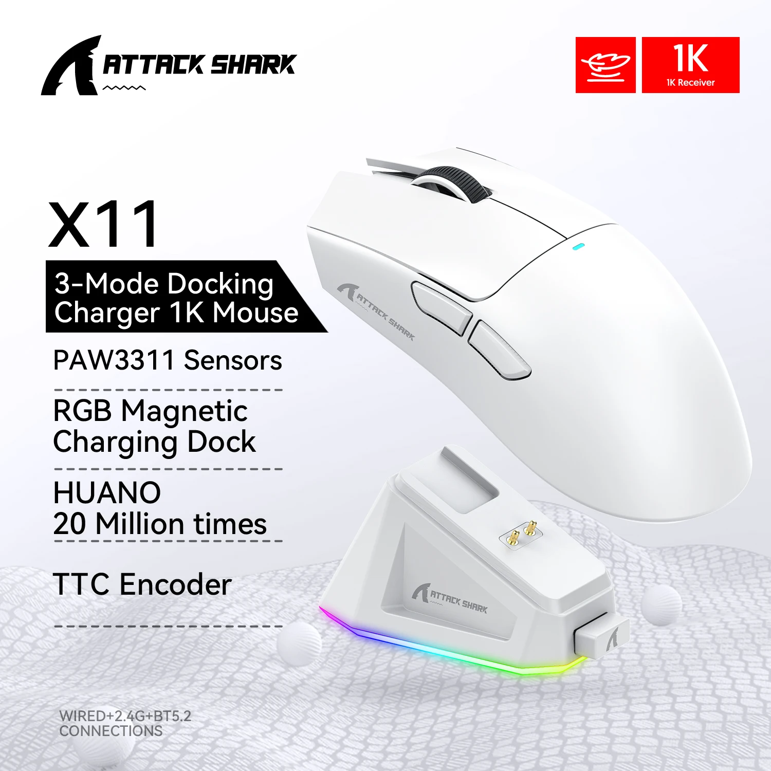 어택 샤크 X11/X11SE 블루투스 무선 마우스 3가지 모드 2.4G PAW3311 RGB PC 마그네틱 충전 도크, 게이밍 E-스포츠 마우스
