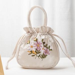레트로 자수 드로스트링 핸드백 여성용 지갑 보석 보관 버킷 백 전통 한푸 액세서리