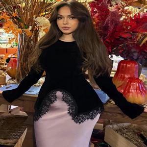 벨벳 레이스 패치워크 셔츠 여성 우아한 솔리드 플레어 롱 슬리브 O넥 스플릿 탑 여성 2026 봄 여름 시크 여성 의류