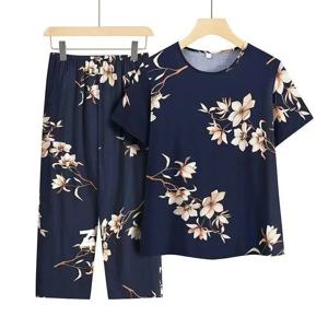 여름 의상 Pijamas Feminino 캐주얼 아이스 실크 슈트 루즈한 대형 슈트 반팔 탑 루즈한 투피스 슈트 플러스 사이즈