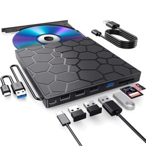 휴대용 DVD 플레이어 7 in 1 외장 CD/DVD 드라이브 USB 3.0 타입 C CD 버너 외장 디스크 드라이브 (데스크탑, Mac, Windows, Linux용)