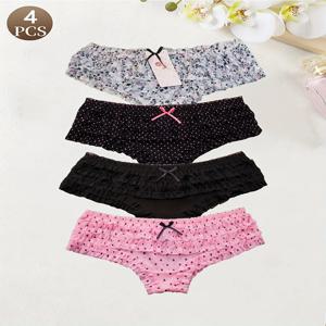 4개 세트 귀여운 도트 무늬 작은 꽃무늬 달콤한 니트 원단 레이스 스티칭 여성용 로우 웨이스트 팬티 무봉제 통기성