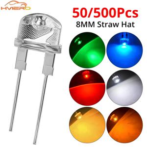 50/500PCS 8mm 밀짚 모자 0.5W 흰색 따뜻한 빨간색 노란색 파란색 녹색 방출 다이오드 LED 광각 울트라 브라이트 전구 라이트 램프 다이오드