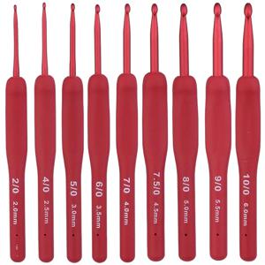 9PCS 레드 크로셰 훅 인체공학적 손잡이 관절염이 있는 손을 위한 초보자용 긴 뜨개질 바늘 및 코바늘 뜨개질 실