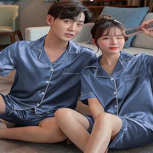 커플 여름 아이스 실크 반팔 잠옷 홈웨어 남성용 단색 고급스러운 여성용 여름 세트 홈웨어 편안함