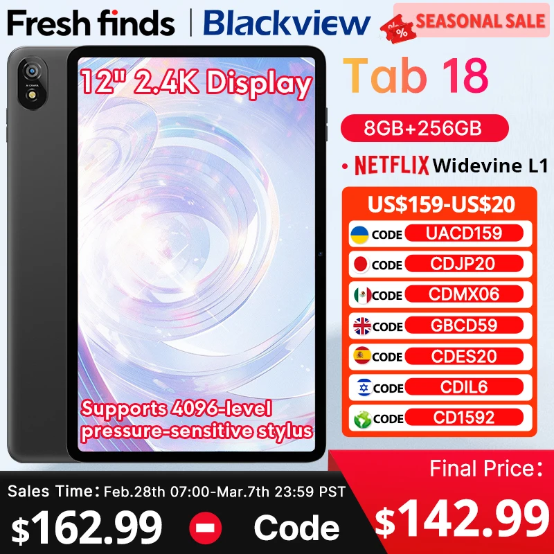 블랙뷰 Tab 18 태블릿 12인치 2.4K FHD+ 디스플레이 8GB 256GB 8800mAh 33W 와이드바인 L1 MTK Helio G99 압력 감지 패드 PC