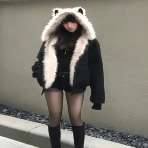 겨울용 두꺼운 스웨이드 퍼 칼라 고양이 귀 후드 재킷 플리스 안감 따뜻한 코튼 코트 긴소매 지퍼 여밈 단색