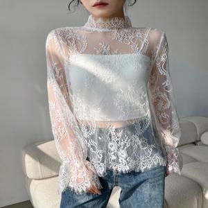 여성용 레이스 베이스 셔츠 하프 하이 칼라 얇은 긴팔 티셔츠 시스루 이너웨어 캐주얼 스타일 봄 가을 신상품