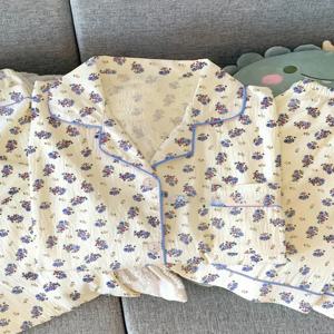 여름 신선한 꽃무늬 잠옷 여성용 얇은 캐주얼 반팔 반바지 바지 홈 의류 3피스 세트 컨트리 걸 스타일