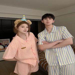 여름 만화 귀여운 스타일 줄무늬 반팔 잠옷 세트 커플 청소년 클라우드 코튼 홈웨어 남녀 홈슈트