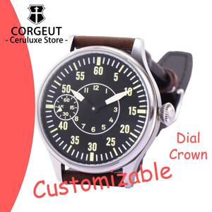 커스텀 로고 DIY 44mm ST3600 기계식 시계 남성용 수동 감기 유리 커스텀 시계 가죽 스트랩 다이얼 발광 방수 시계