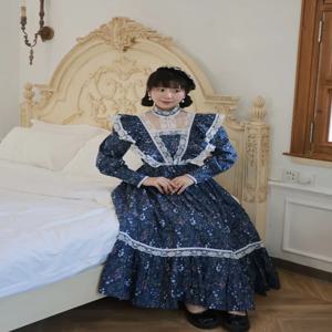티이하일리 롱 맥시 여성 드레스 긴팔 네이비 블루 S-L 레이스 코튼 패치워크 프린트 스탠드 칼라 가을 2025 신상