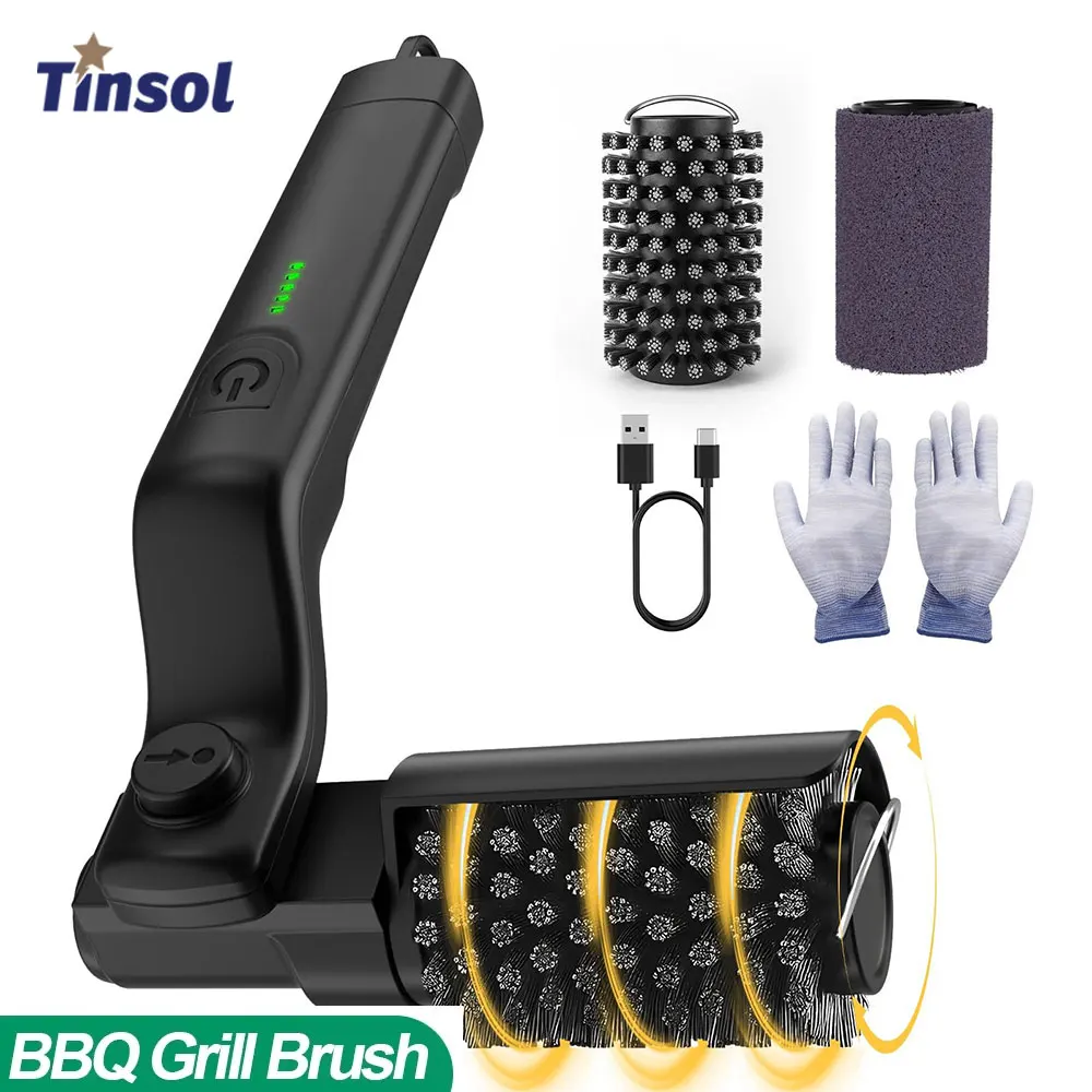 TINSOL 전기 바베큐 그릴 청소용 브러시, 무선, 충전식, 회전식, 조절 가능, 고착된 기름때 청소용