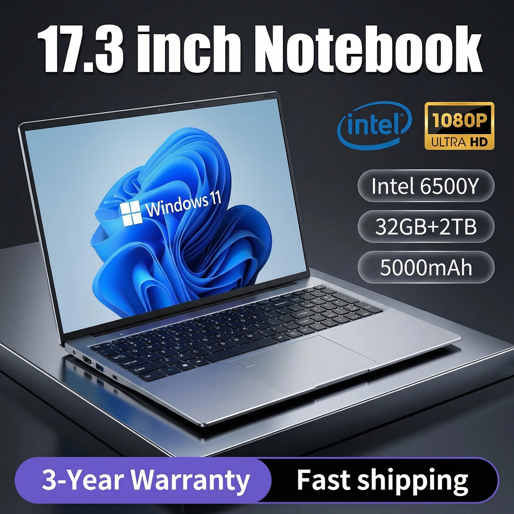 핫 17.3인치 노트북 인텔 펜티엄 6500Y 32GB 2TB 윈도우 11 대형 화면 지문 잠금 해제 오피스 게이밍 노트북 컴퓨터 PC