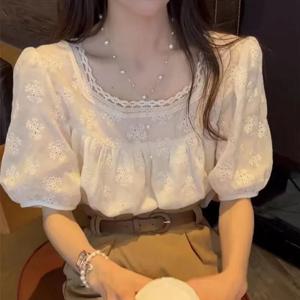 여성용 반팔 쉬폰 블라우스, 우아한 스퀘어 칼라 상의, 여성 오피스 의류, 721 셔츠, 2024 여름 신상 패션