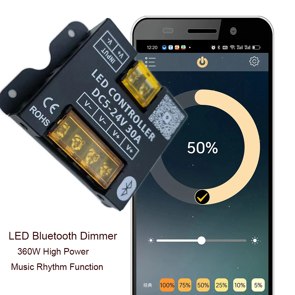 DC12-24V 30A 360W 휴대폰 앱 블루투스 연결 LED 스트립 컨트롤러 디머 RF 터치 리모컨 포함 LED 조명용