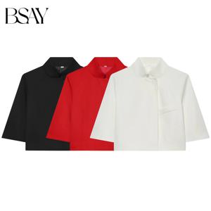BSAY 여성용 여름 스탠드 칼라 크롭 블레이저 싱글 브레스트 캐주얼 수트 코트 시크 레이디 오피스 통근자 자켓
