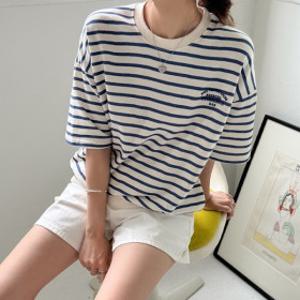 크리드 여성 루즈핏 자수 레터링 반팔 스트라이프 맨투맨 여름 기본 면 티셔츠