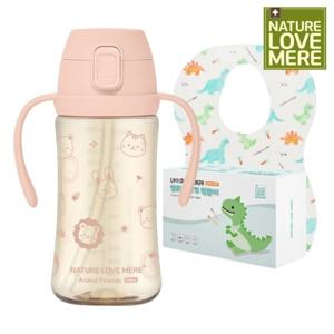 네이쳐러브메레 애니멀프렌즈 PPSU 원터치 빨대컵 300ml + 방수 일회용 턱받이(20매) 1개
