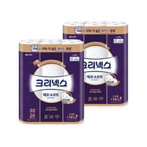 (108mm) 크리넥스 3겹 데코앤소프트 와이드 33MX24롤 2팩 두루마리 화장지 휴지