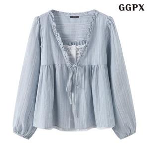 [GGPX] 레이어드 스트라이프 끈 블라우스 (GQBBA031D)