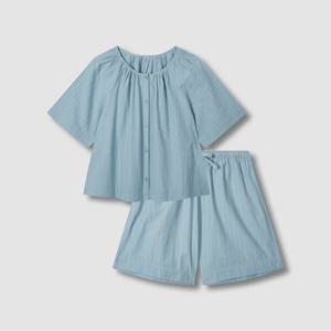 [JAJU/자주] [SET] 여 코튼 셔링 5부 파자마 셔츠, 4부 파자마 팬츠_민트블루_민트 블루