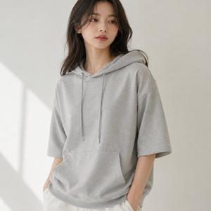 이라인 국산 반팔 오버핏 후드티 남녀공용 특양면 무지