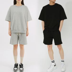[폴앤폴]무지 오버핏 반팔 맨투맨 5부 반바지 셋업(남여공용)