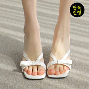 [단독/빠른출발]바닐라슈 코코나 리본 코팅굽 뮬 샌들 슬리퍼(6cm)