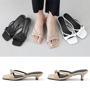 리본 스트랩 뮬슬리퍼 미들 힐 샌들 (3cm/5cm) 포니아