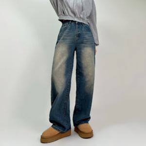 S-3XL 남녀공용 기장선택 와이드 데님팬츠 하이웨스트 밴딩 루즈핏 청바지